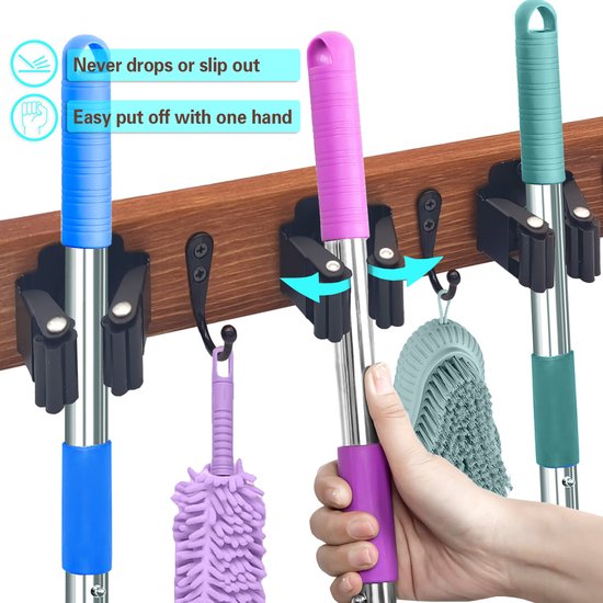 Hangende bezem en dweil, houten wandbezemhouder met 4 standen en 4 haken, moderne hangende bezemorganizer voor keuken, garage, tuin van Unclutterer — afbeelding 5