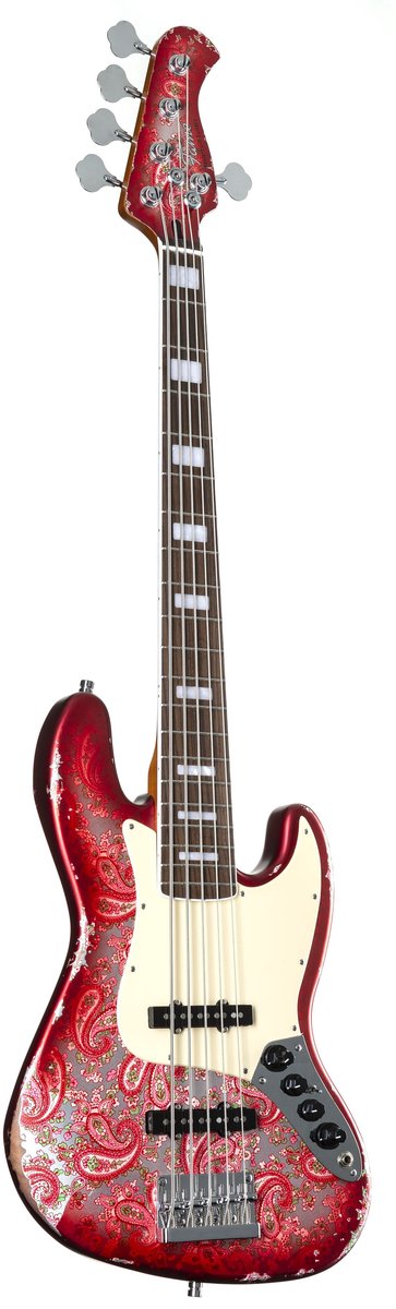 Fame Custom JB 5 Worn Candy Apple Red over Pink Paisley - Elektrische basgitaar