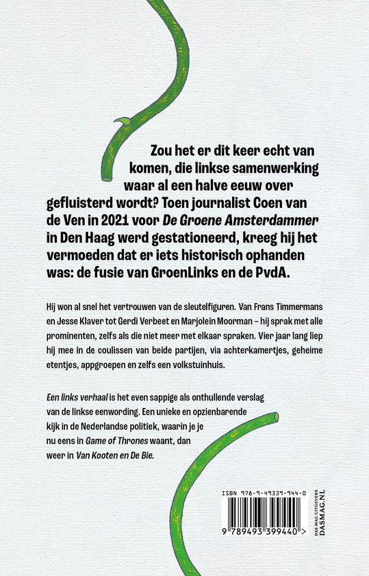 Achterkant van een boek met tekst en een groene, bloeiende stengel.