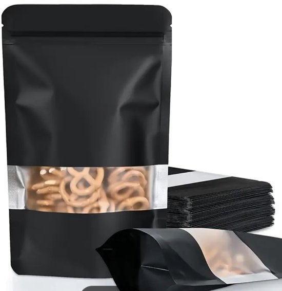 Sachets refermables Zwart avec fenêtre mate – Lot de 10 – 10,2 x 15,1 cm – Sachets à fond plat pour emballage, cadeaux et rangement – ​​Finition brillante, anti-odeurs et fermeture sécurisée