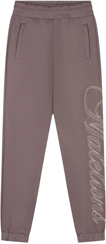Bruine joggingbroek van Malelions met logo op de zijkant.