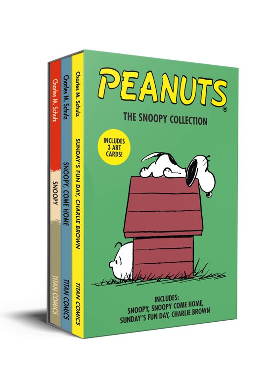 Peanuts De Snoopy Collectie met Snoopy op zijn hondenhuis, inclusief 3 kaarten en de titels Snoopy, Snoopy Kom Thuis en Sunday's Fun Day Charlie Brown.