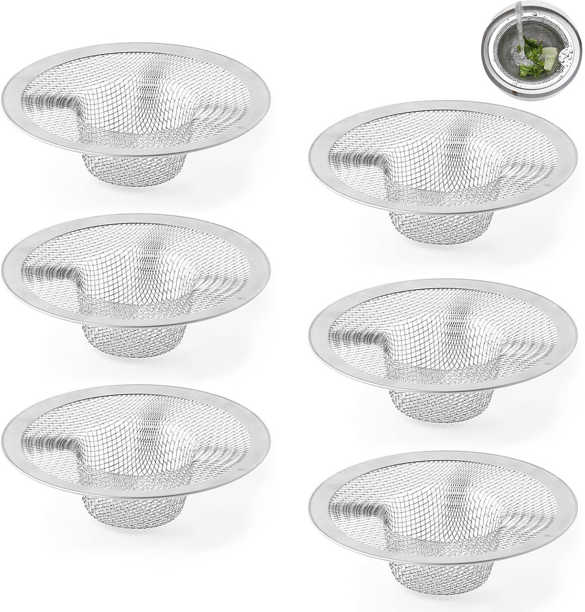 Set van 6 RVS Gootsteenfilters – 316 Roestvrij Staal Afvoerzeefjes voor Keuken, Badkamer en Douche, Voorkomt Haren en Vuil, Duurzaam en Hygiënisch