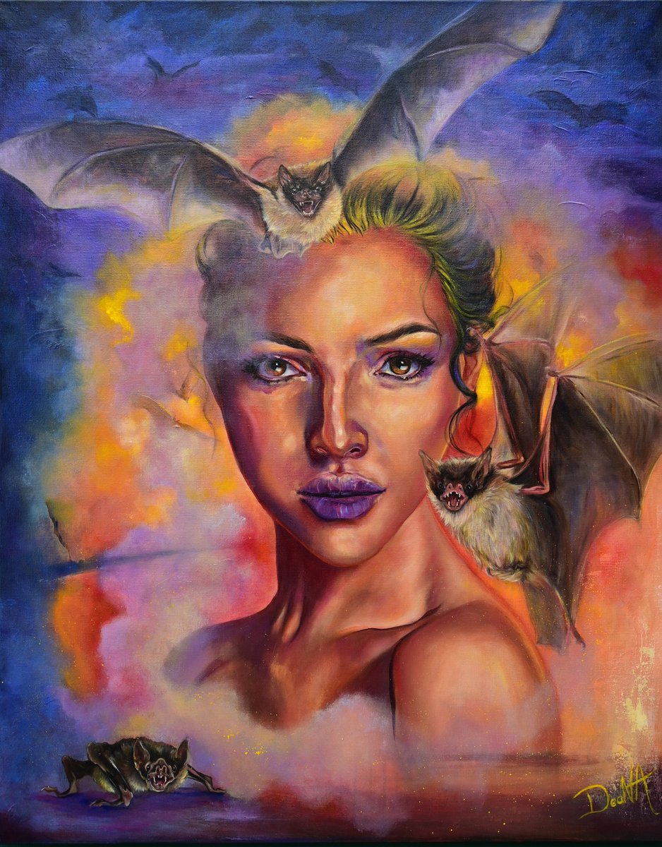 Glas schilderij - Vrouwenportret met Vleermuizen - Spirituele Kunst & Symboliek - 60 x 75 cm. - myDeaNA