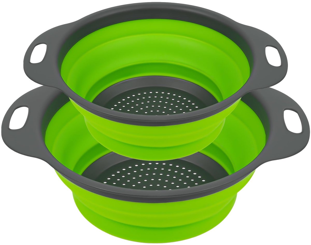 Opvouwbare Vergiet Set van 2 – Silicone Pasta- en Groentezeef, Milieuvriendelijk, Niet-Giftig, Gemakkelijk Schoon te Maken, Handige Zeef voor Keuken en Huishouden