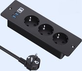 Inbouw Tafelstopcontact – 2x Stopcontact, 2x USB-A, 2x USB-C (PD 20W), 2 Meter Verlengkabel, Zwart, Uitsparing 167x54mm
