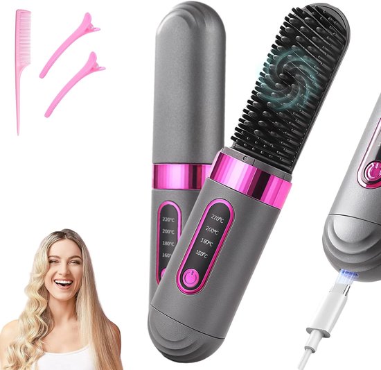 Haar - Draadloze Haarborstel – 3D Keramische Rechte Borstel met Keratine Coating – 4 Temperatuurstanden – Anti-Verbrand Verbreding Kam – Snelle Opwarming & 60 Min Draagbare Batterij – Roze Zwart