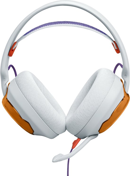 Witte gaming headset met oranje accenten op de oorschelpen en een paarse hoofdband, op zwarte achtergrond.