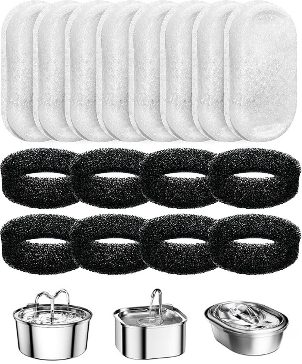 16 stuks – Filter patronen voor waterdispensers voor huisdieren – inclusief 8 katten fontein filters en 8 pompsponzen – Filters voor drinkfontein