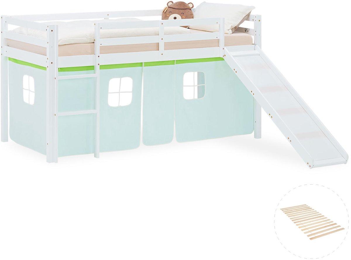 Homestyle4u Hoogslaper - 90x200 cm - groen - met lattenbodem - glijbaan Wit