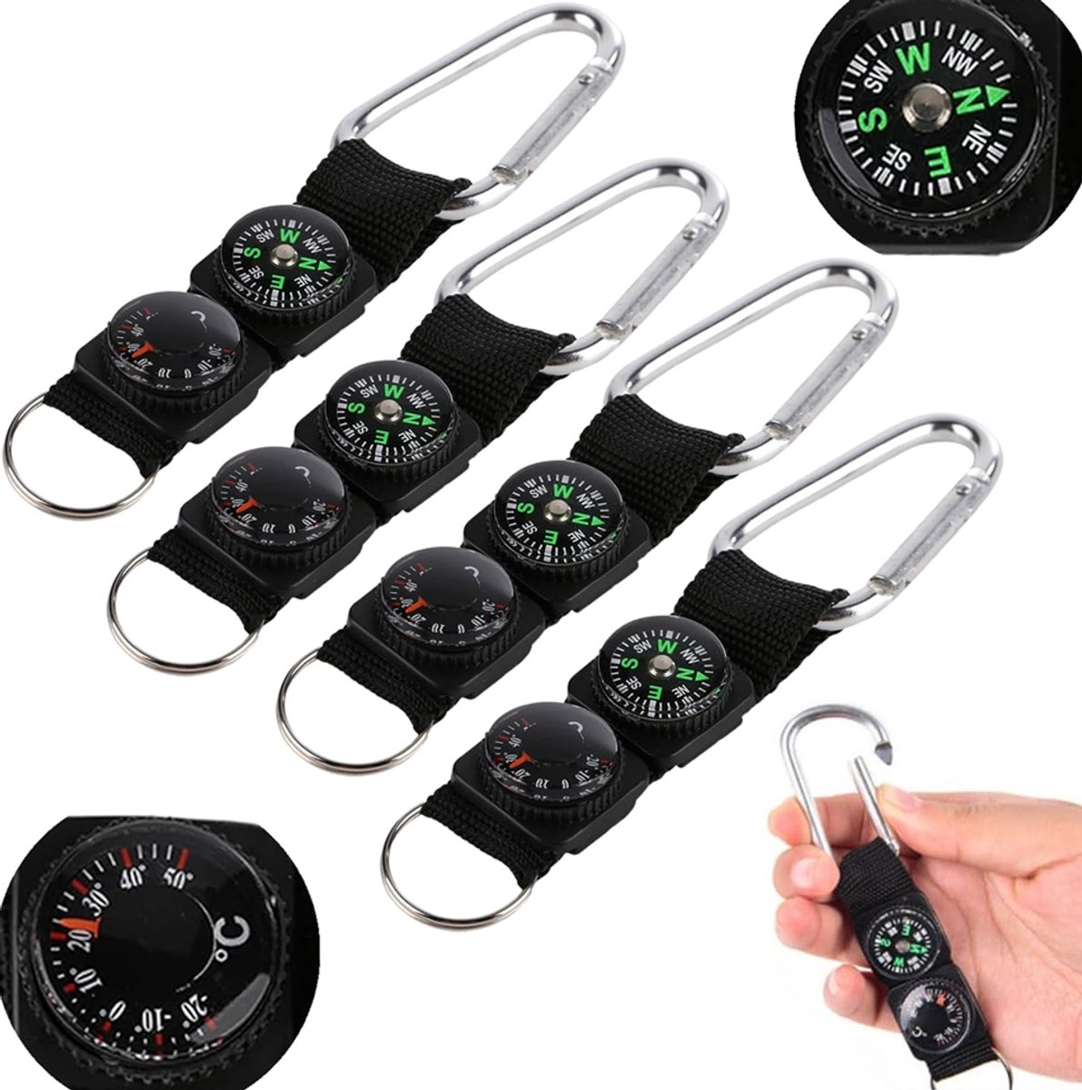 4 Stuks 3-in-1 wandelkompas kompas sleutelhanger met thermometer, multifunctioneel navigatiegereedschap voor buiten, karabijnhaak, sleutelhanger, buitenkompas voor wandelen, kamperen en reizen - Cyslmuk®