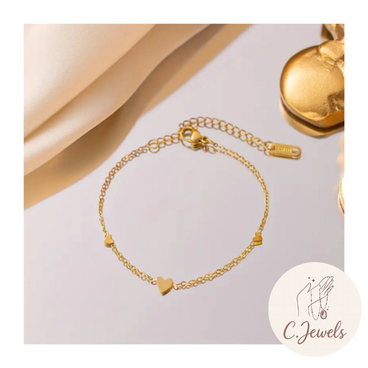 Goudkleurig - Armband - Hartjes - Minimalistische armband - Verstelbaar - Roestvrij Staal - 15,5 cm + 5 cm verlengketting - Dames