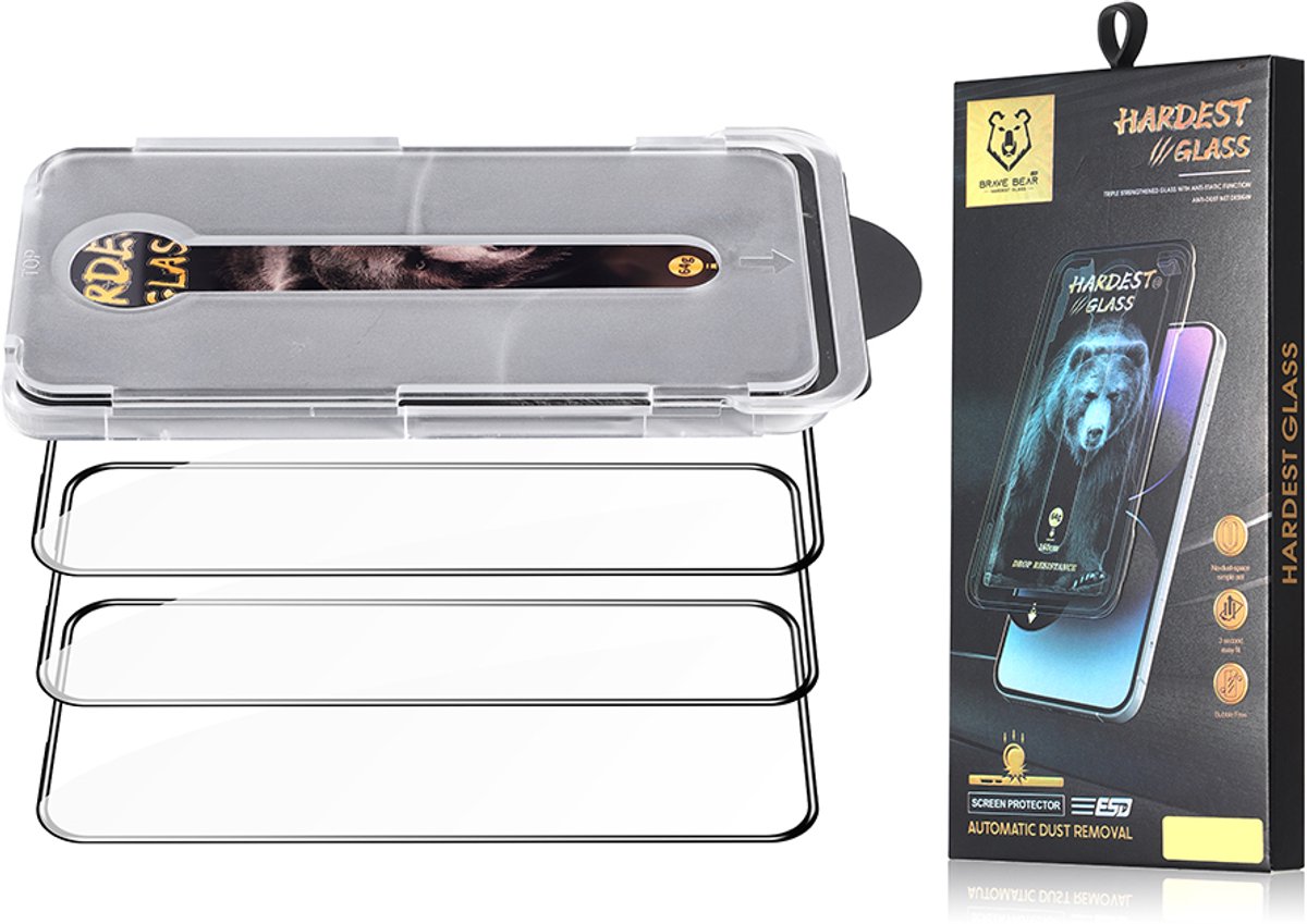 BRAVE BEAR 2X Second Paste Box Clear Tempered Glass for iPhone 15 pro max Dust Removal Chamber Anti-spy Anti-scratch Screen Protector