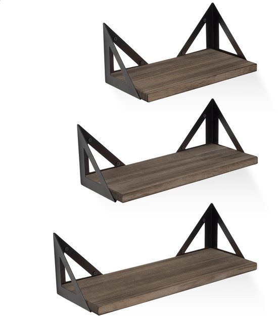 LifeGoods Zwevende Wandplank - 3 Stuks - tot 42cm - Boekenplank en 8 Haakjes - Industrieel - Hout - Donkerbruin