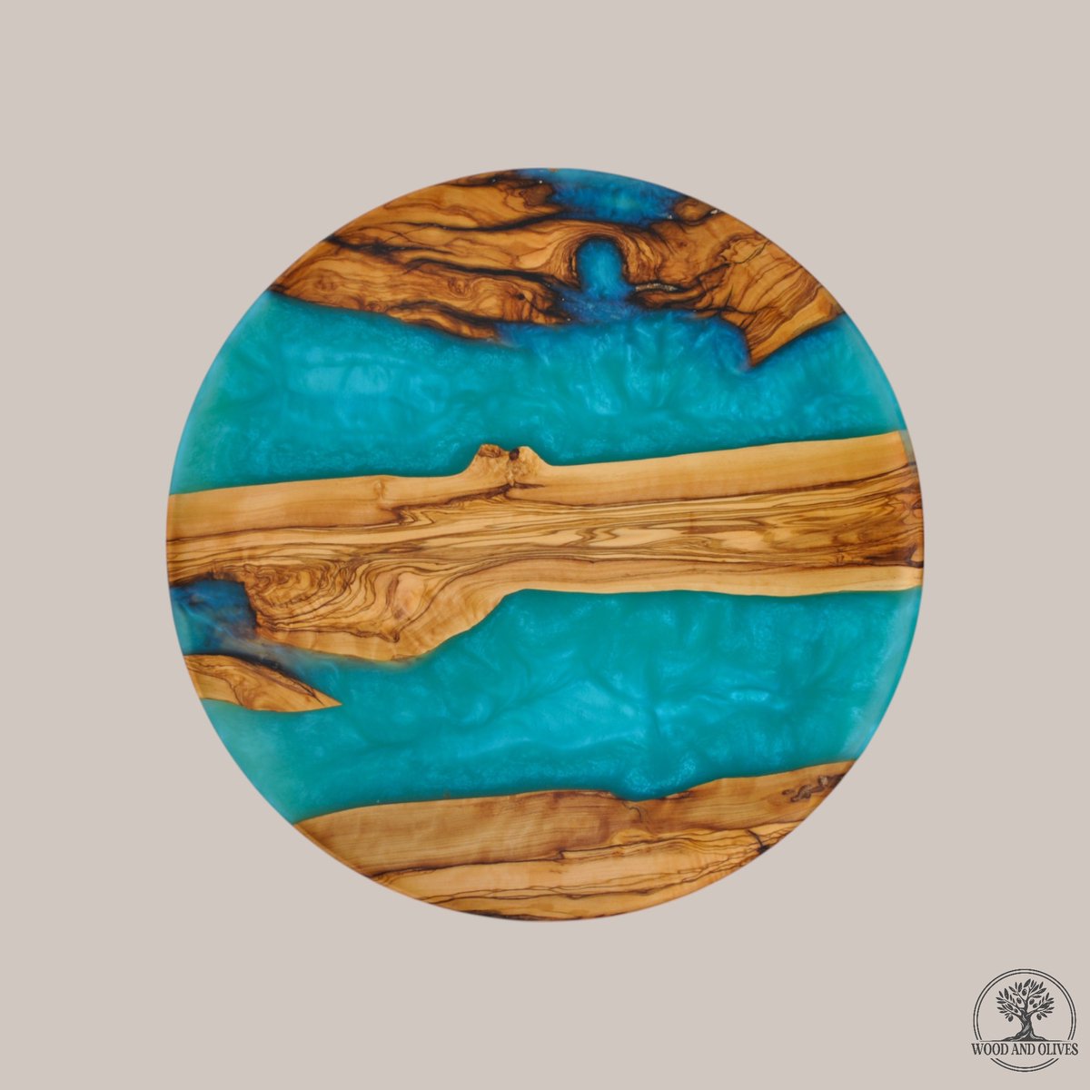 Wood and Olives - Olijfhouten Serveerbord met Epoxy - Handgemaakt - 40 cm - Turquoise
