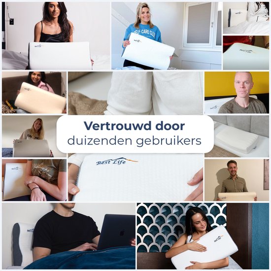 Collage van mensen die het Best Life kussen vasthouden en gebruiken, met de tekst 'Vertrouwd door duizenden gebruikers'.