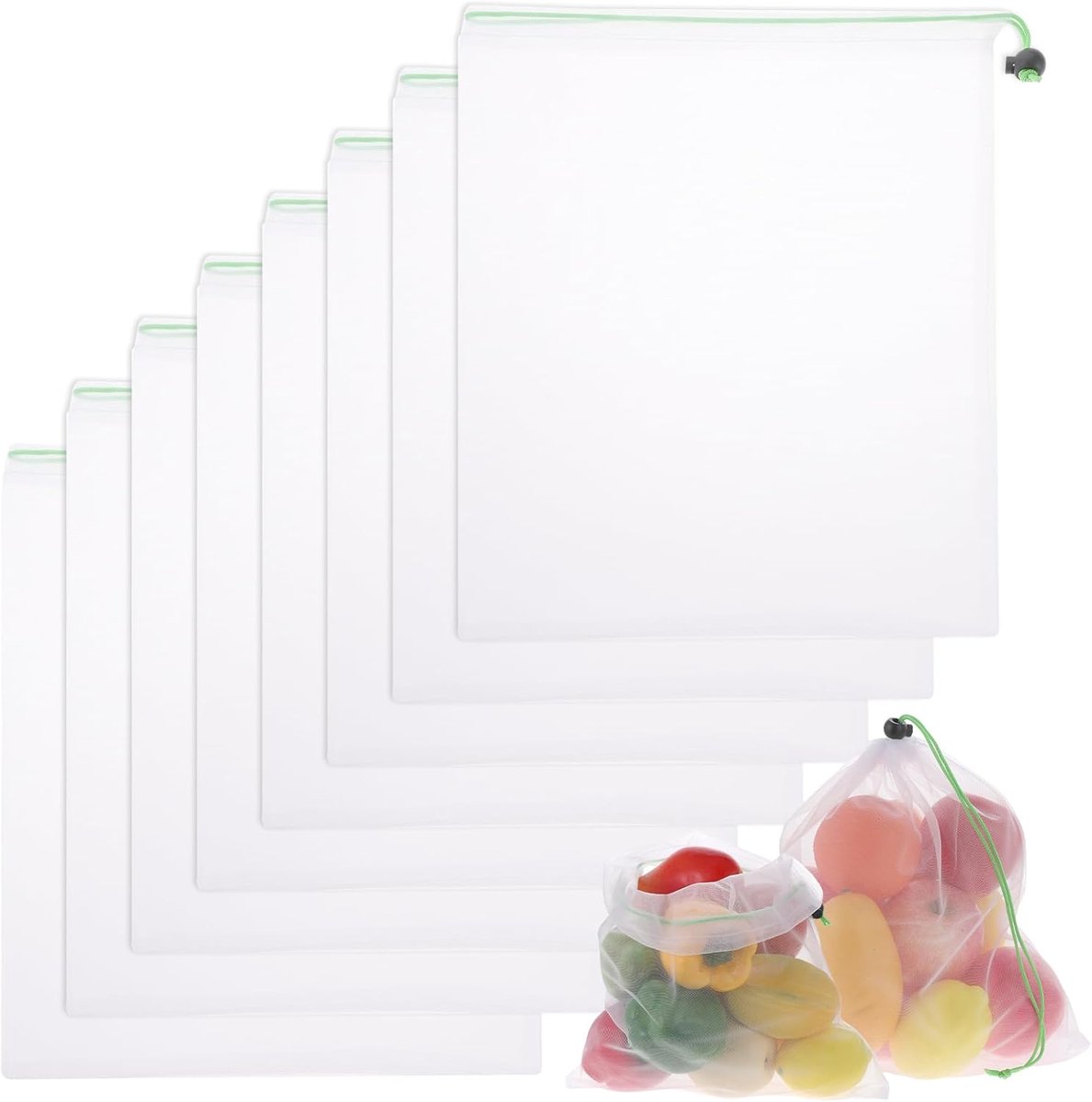 Set van 8 Herbruikbare Groente- en Fruitzakken 35x30 cm – Nylon Netzakken met Trekkoord, Duurzaam en Milieuvriendelijk – Voor Boodschappen en Voedselopslag
