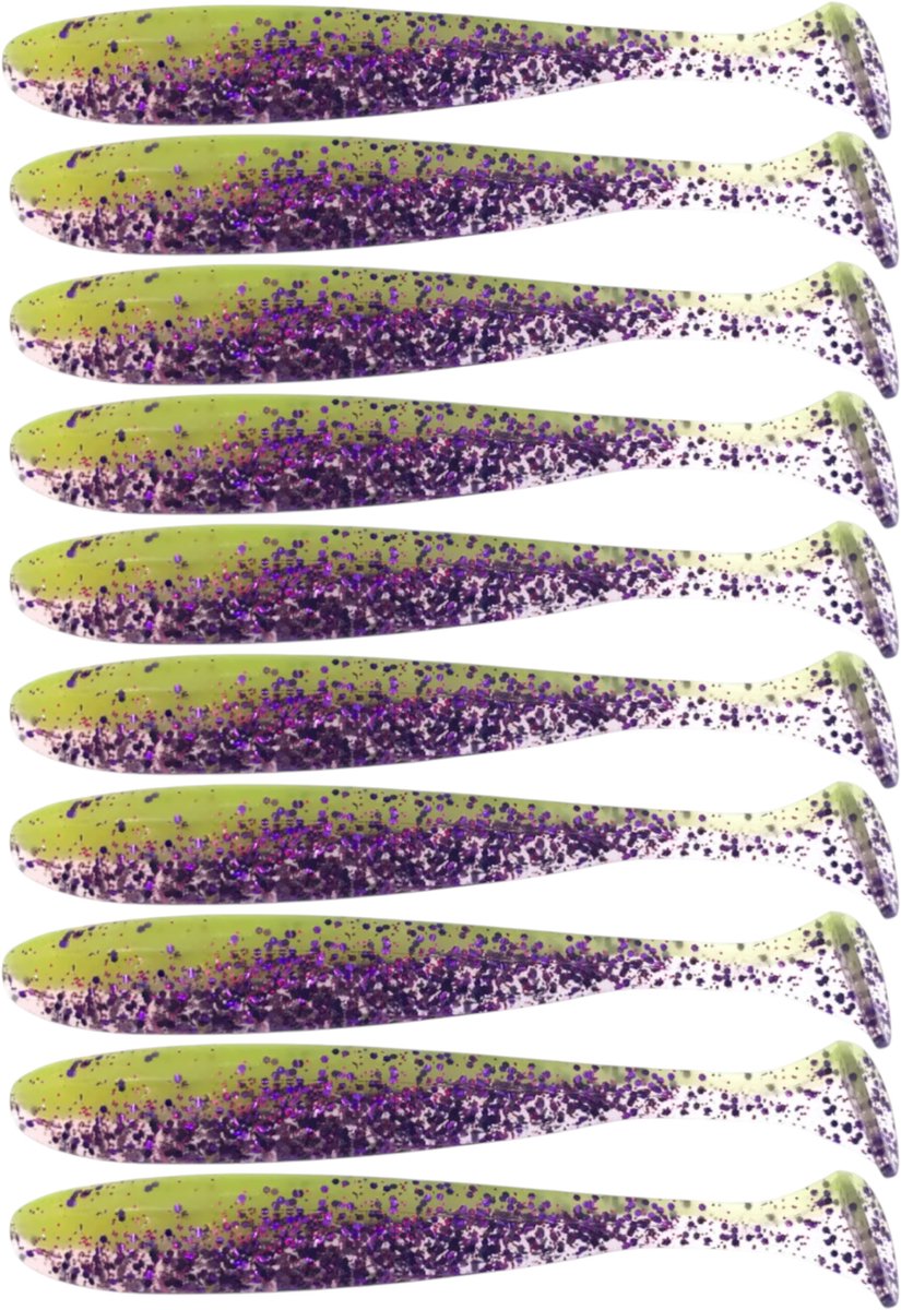 S&D | Shad Set 10 Stuks – 9cm 3.5g – Geel / Paars – Zachte Shads met T-Staart – Kunstaas voor Roofvis