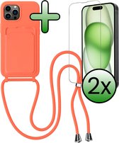 Hoes Geschikt voor iPhone 14 Pro Hoesje Pas Houder Case Hoes Met Koord Met 2x Screenprotector - Hoesje Geschikt voor iPhone 14 Pro Hoes Met Telefoonkoord Pasjeshouder Cover - Papaya