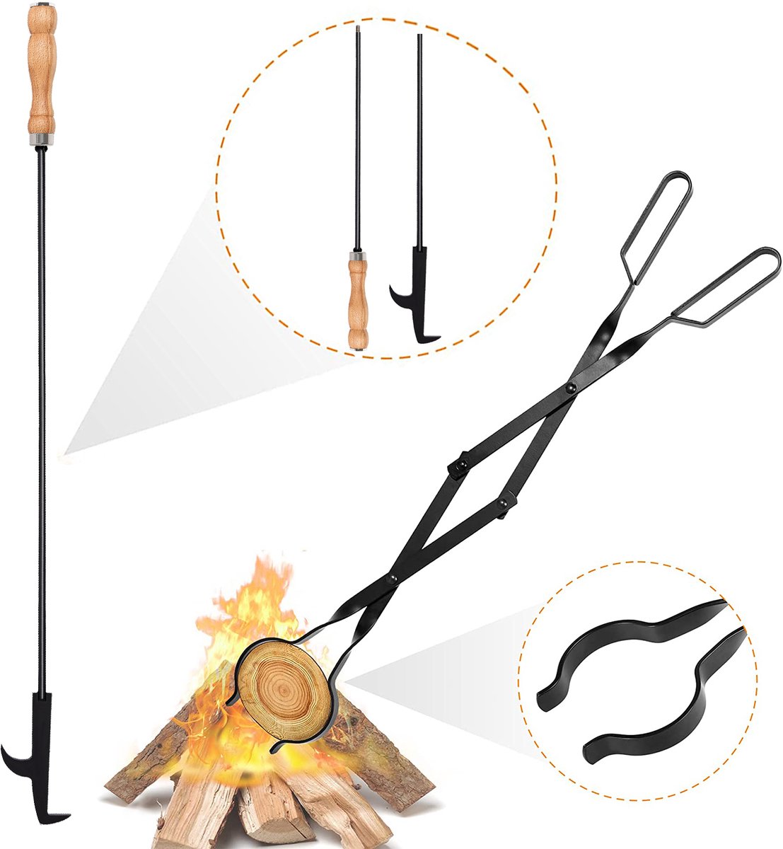 Uten Haardset - 2 Delig - Incl tang 64.3 cm en Pook 83 cm - Voor Binnenhaarden, Buitenhaarden, Houtkachel en Kampvuur - Zwart
