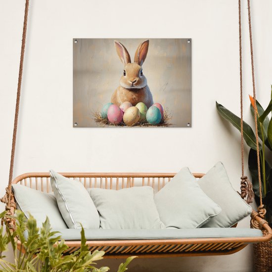 Tuinposter 80x60 cm - Tuindecoratie Paashaas - Pastel - Eieren - Poster voor in de tuin - Buiten decoratie - Schutting tuinschilderij - Tuindoek muurdecoratie - Wanddecoratie balkondoek - Pasen - Paasdecoratie - Paas versiering