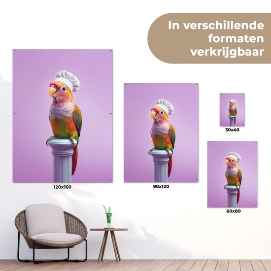 Tuinposter 60x80 cm - Tuindecoratie Papegaai - Koksmuts - Pilaar - Vogel - Poster voor in de tuin - Buiten decoratie - Schutting tuinschilderij - Tuindoek muurdecoratie - Wanddecoratie balkondoek