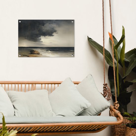 Tuinposter 60x40 cm - Tuindecoratie Kust - Golven - Rots - Storm - Poster voor in de tuin - Buiten decoratie - Schutting tuinschilderij - Tuindoek muurdecoratie - Wanddecoratie balkondoek