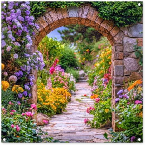 Tuinposter 100x100 cm - Tuindecoratie Doorkijk - Bloemen - Pad - Natuur - Poster voor in de tuin - Buiten decoratie - Schutting tuinschilderij - Tuindoek muurdecoratie - Wanddecoratie balkondoek
