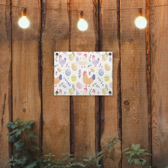 Tuinposter 40x30 cm - Tuindecoratie Patroon - Kip - Paaseieren - Poster voor in de tuin - Buiten decoratie - Schutting tuinschilderij - Tuindoek muurdecoratie - Wanddecoratie balkondoek - Pasen - Paasdecoratie - Paas versiering