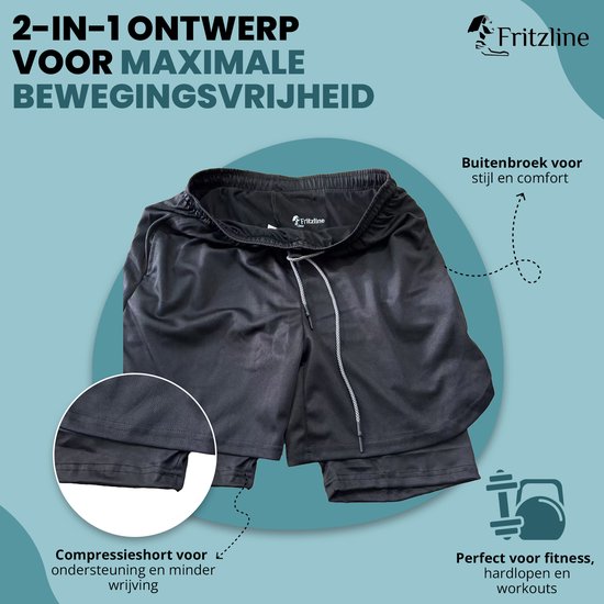 Fritzline® Pantalon de sport 2 en 1 noir taille XL avec poche téléphone - Short de sport confortable - Pantalon de sport homme - Pantalon fitness - Short - Vêtements de sport - Shorts 2 en 1 - Poches téléphone