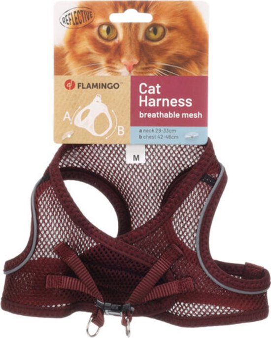 Bordeauxrode, ademende mesh kattentuig, maat M. Met reflecterende randen en verstelbare bandjes. De verpakking toont een kattengezicht.