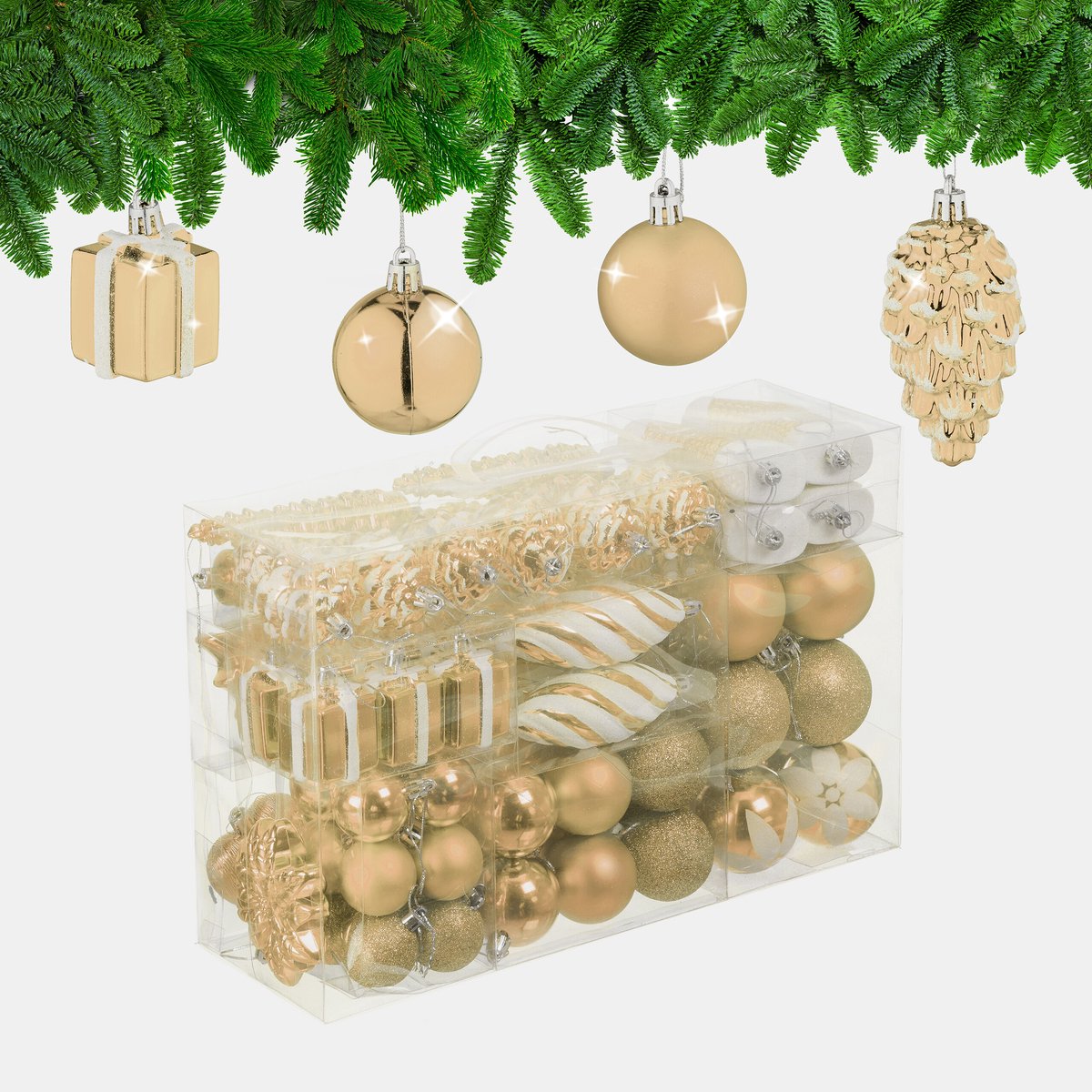 Set van 72 onbreekbare kerstballen met hartjes, sokjes en champagne design.