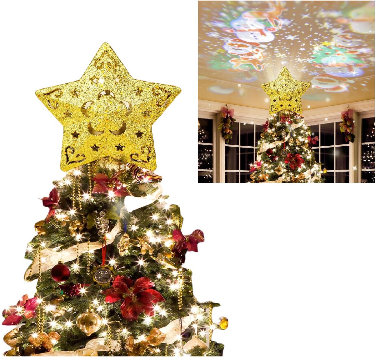 3D goudkleurige ster kerstboom projector lamp met 5 dia's en 360° rotatie.