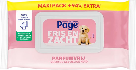Page vochtig toiletpapier, fris en zacht, parfumvrij voor de gevoelige huid. Maxi pack +94% extra met 100% biologisch afbreekbare plasticvrije doekjes.
