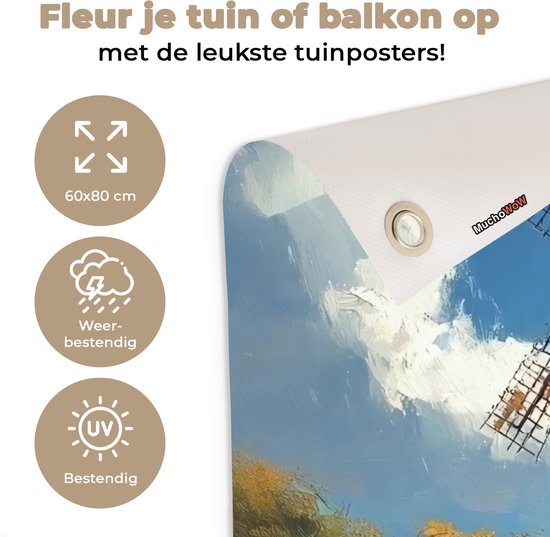 Tuinposter 60x80 cm - Tuindecoratie Windmolen - Heuvel - Bloemen - Kleurrijk - Poster voor in de tuin - Buiten decoratie - Schutting tuinschilderij - Tuindoek muurdecoratie - Wanddecoratie balkondoek