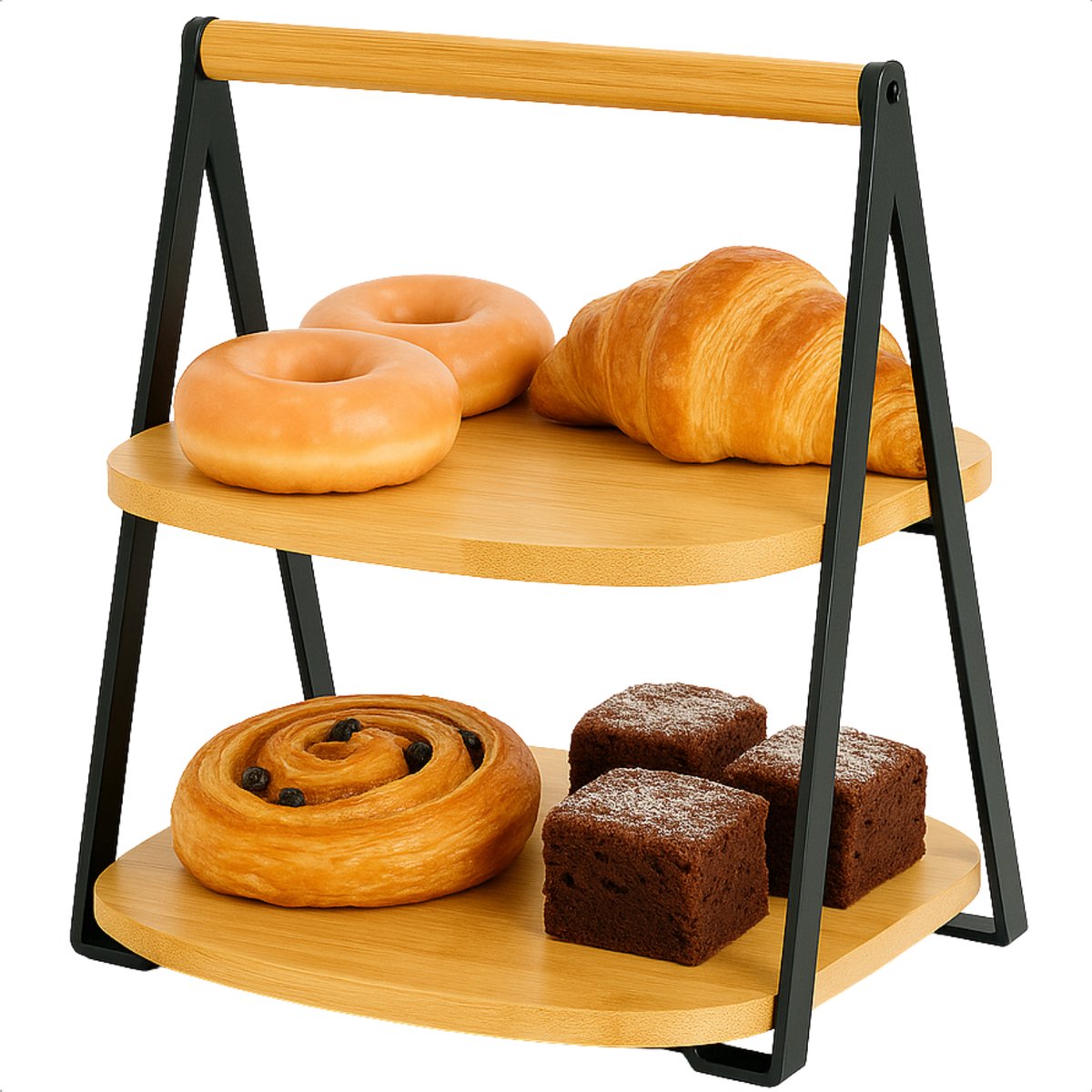 Cheqo® Bamboe Etagere - 2-Laags Etagere - Inklapbare Etagere - Serveertoren Bamboe - Bamboe En Metaal - 30 cm Hoogte - Eenvoudig Inklapbaar - Niet Vaatwasserbestendig - Bamboe Serveerplateau - 2 Lagen - Bamboe Hout - Stijlvolle Etagere