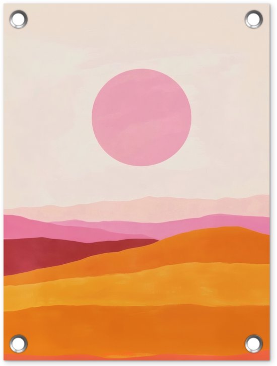 Tuinposter 30x40 cm - Tuindecoratie Heuvels - Oranje - Zon - Abstract - Poster voor in de tuin - Buiten decoratie - Schutting tuinschilderij - Tuindoek muurdecoratie - Wanddecoratie balkondoek