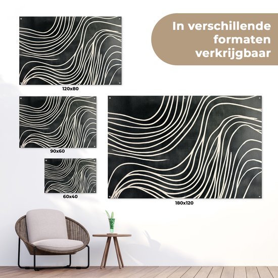 Tuinposter 120x80 cm - Tuindecoratie Lijnen - Patroon - Abstract - Wit - Poster voor in de tuin - Buiten decoratie - Schutting tuinschilderij - Tuindoek muurdecoratie - Wanddecoratie balkondoek