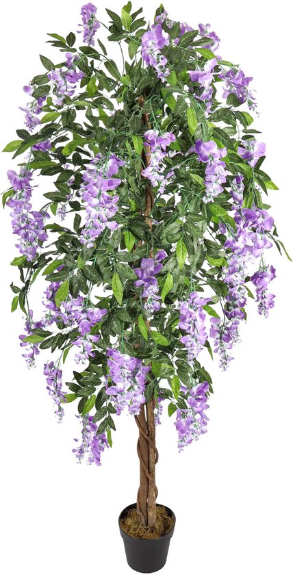 Arbre artificiel de glycine avec fleurs violettes, feuilles vertes, tronc torsadé et pot noir.