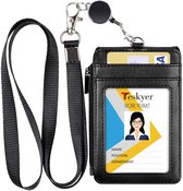 Porte-cartes avec cordon rétractable, porte-badge avec poche zippée, convient pour 4 cartes, porte-cartes vertical avec fenêtre transparente, cuir PU, noir