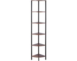 Hoekrek met 6 Niveaus, Hoog Hoekrek met Ledverlichting, Rek met metalen Frame En Houten Planken, Staand Rek voor Boeken En Decoratie In De Slaapkamer, Woonkamer Of Kantoor, Bruin