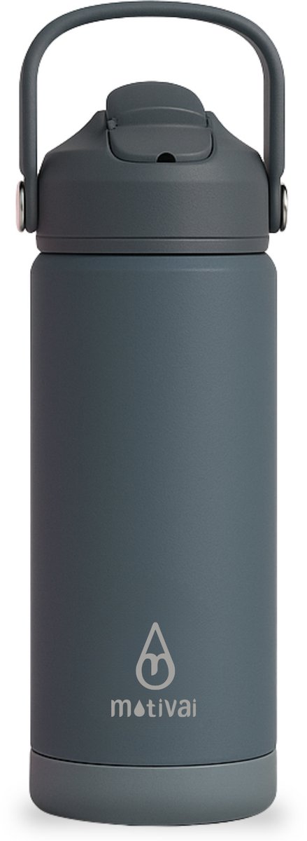 Motivai Safe Sip RVS Drinkfles met Rietje & Schoonmaakborstel – 550ML – 100% Lekvrij & Dubbelwandig – Thermosbeker Waterfles – Olifantgrijs