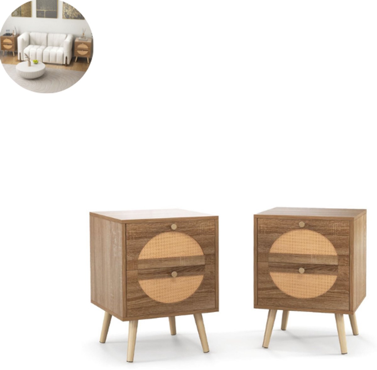 Nachtkastjes - Set van 2 - Natuurlijk - Hout - Met Lade - 40 x 40 x 56 cm (L x B x H)