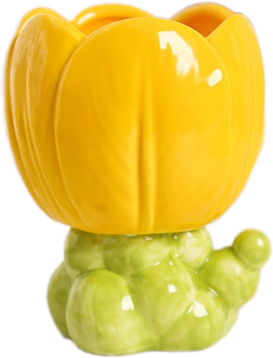 Opbergbox - Opbergdoos - Tandenborstelhouder - Pennenhouder - Make-Upborstelhouder - Leuke Pennenhouder met Bloemen - Keramiek - Bureau-Organizer voor Thuiskantoor - Tulp - Geel