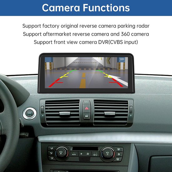 Autoradio touchscreen met achteruitrijcamera-weergave in een auto. Lijnen tonen parkeerhulp en de auto-instructies.