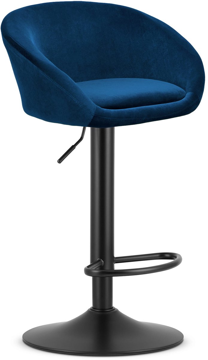 LEOBERT Barkruk EAST – Velvet Donkerblauw - Zwarte Basis - Rugleuning, Verstelbare Hoogte, 360° Draaibaar, Comfortabele Voetsteun, Modern Design, Max. 110 kg