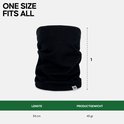 Zwarte merinowollen colsjaal met lengte-indicatie van 34 cm en productgewicht van 45 gr.