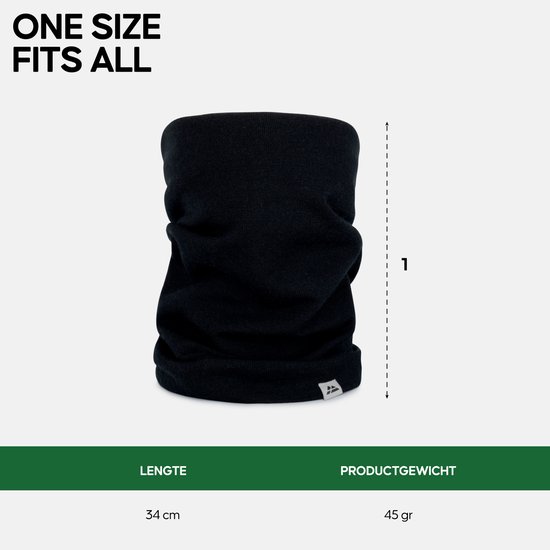 Zwarte merinowollen colsjaal met lengte-indicatie van 34 cm en productgewicht van 45 gr.
