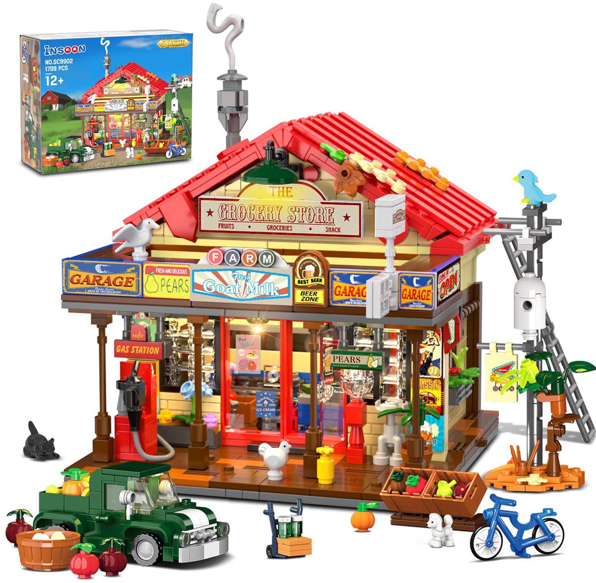 HOGOKIDS Landhuis Algemene Winkel Bouwsets - 1709 PCS Vintage Winkelhuis -Met LED Verlichting - Decoratie Hut Bouwpakket Model - Bouw Speelgoed voor Volwassenen & Tieners 12+