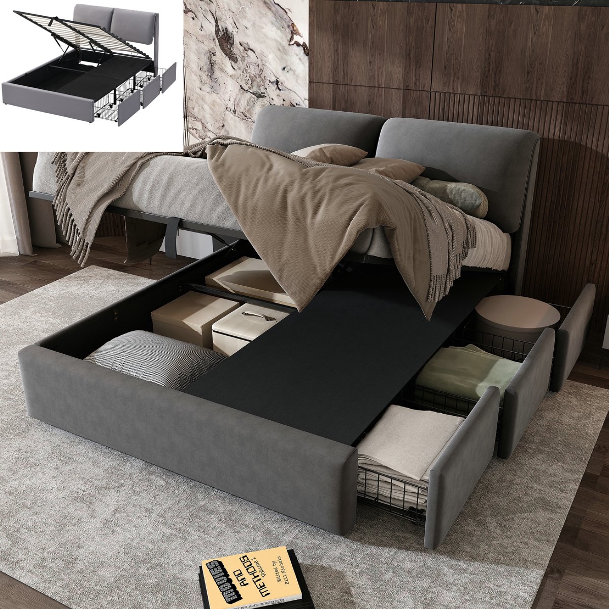 Opbergbed 140x190 cm met 3 lades, 140x190 cm bed met opbergruimte en lattenbodem, fluweel, in hoogte verstelbaar hoofdeinde, grijs(Matras niet inbegrepen)